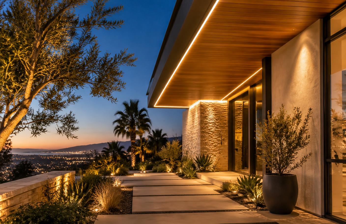 Low-profile LED track beneath a modern home fascia